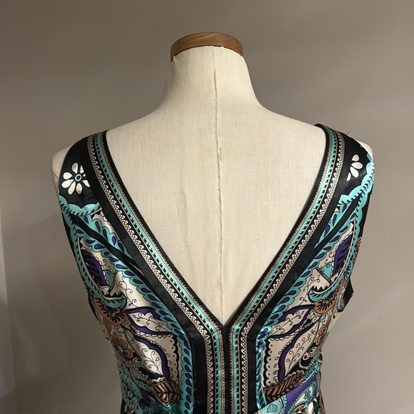 I.C.E Blue and Black Plunge V Neck back satin paisley Sleeveless Dress belted 10 - Picture 6 of 14